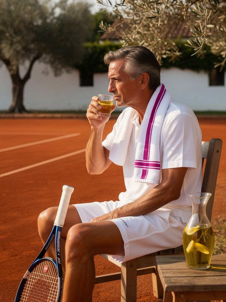 A man resting on a courtside bench after morning tennis sips a small glass of olive oil and lemon drink