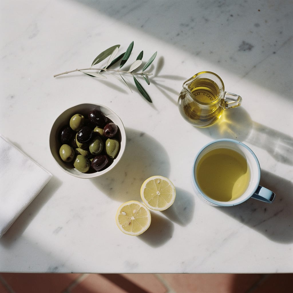 Top-down view of fresh olives, halved lemons, a sprig of olive leaves and a glass of oil on marble