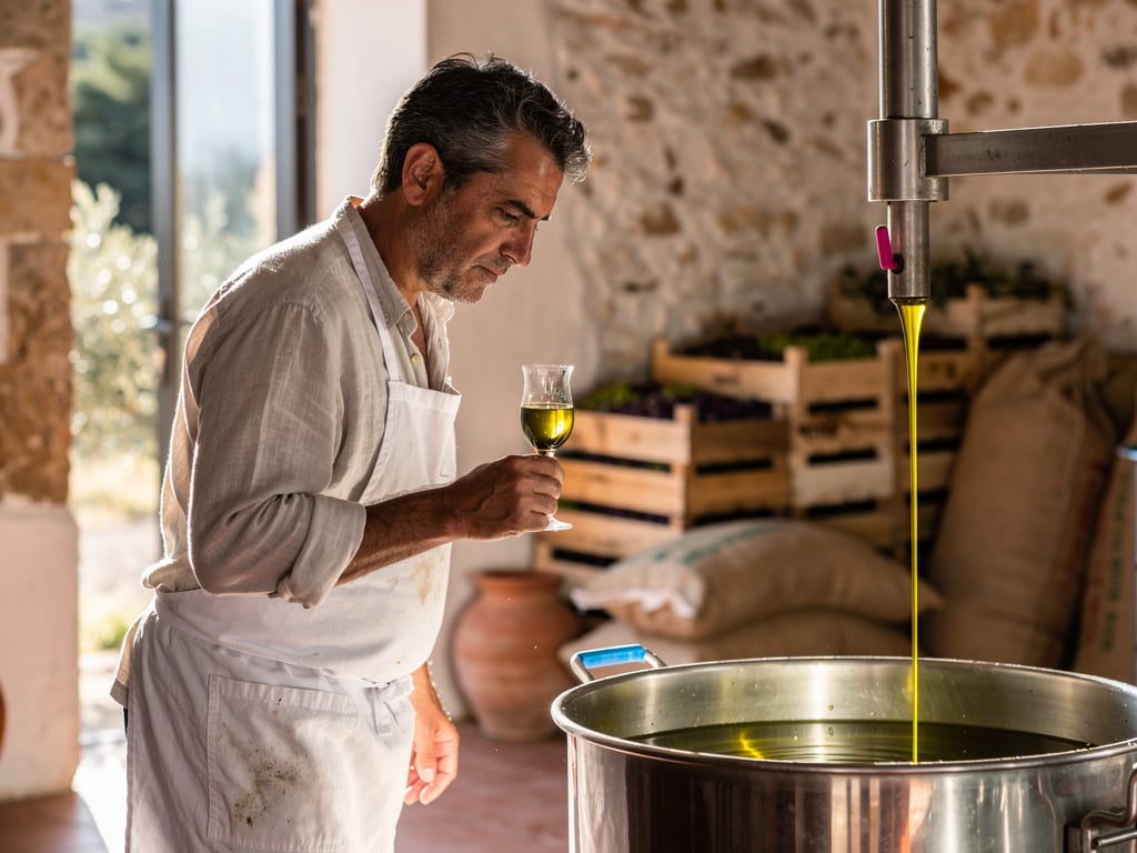 A mill worker in a white apron checks fresh olive oil flowing from the press spout into a steel vessel