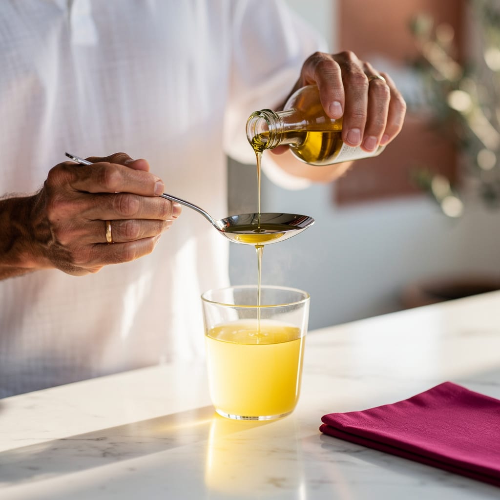 Hands pour golden olive oil from a small bottle onto a spoon held over a glass of warm lemon water