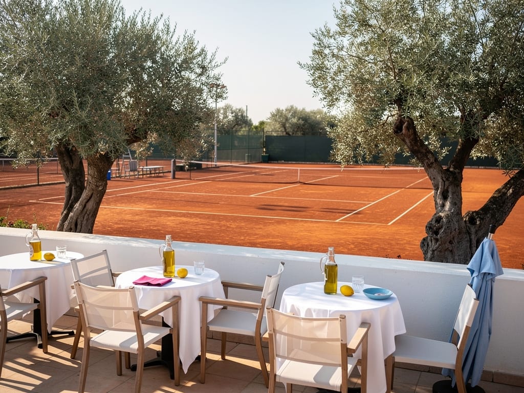 A whitewashed club terrace beside a clay court, with breakfast tables set with olive oil carafes under olive trees