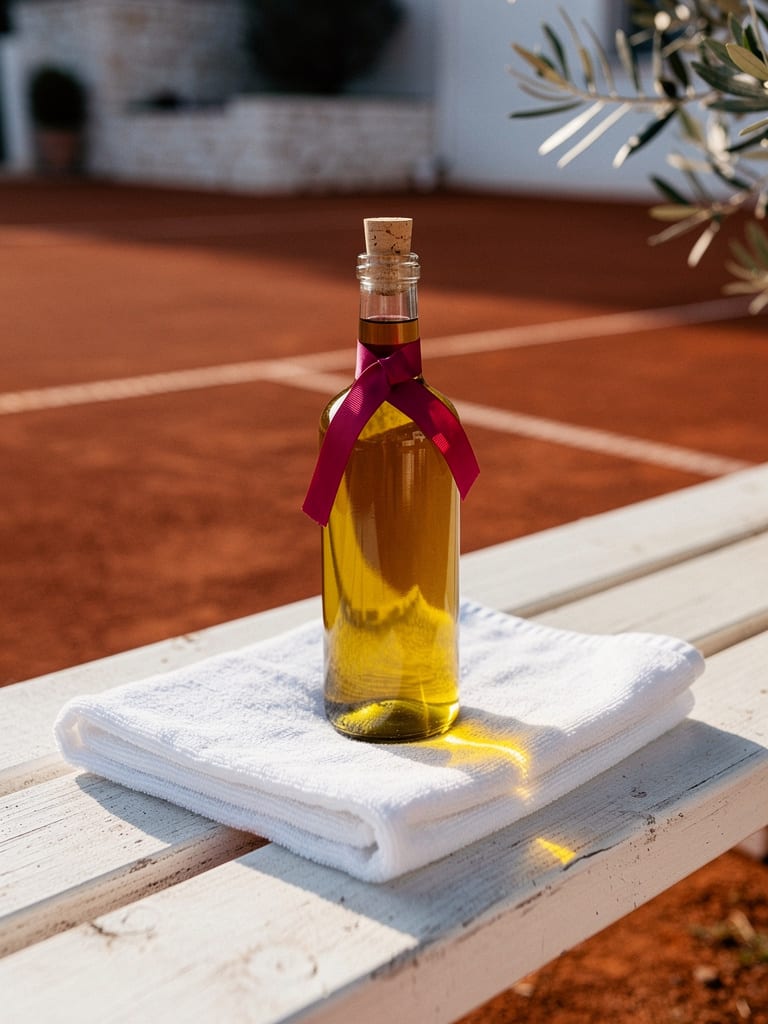 An unlabelled glass bottle of golden olive oil tied with a magenta ribbon, resting on white linen in the sun
